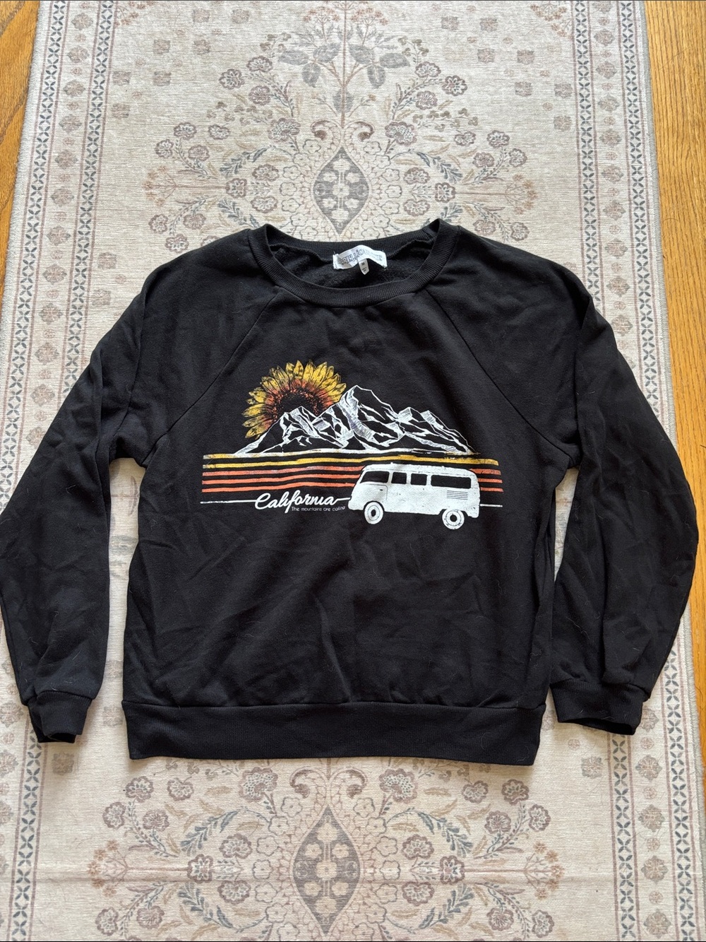 California Mountains Sunflower VW Bus Black Sweatshirt